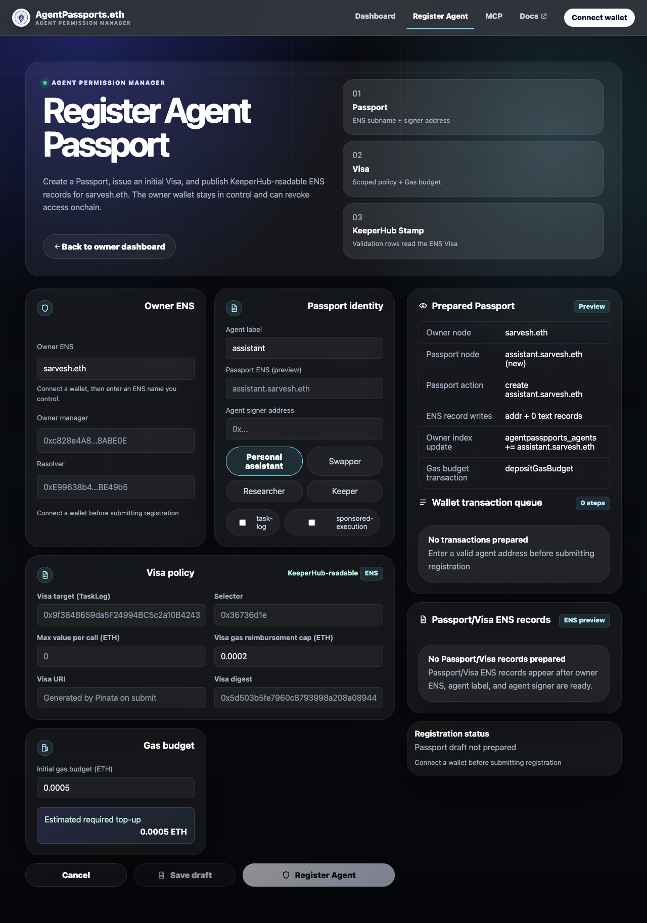 Register Agent page screenshot